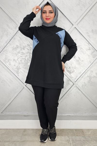 KADIN DÜĞME DETAYLI KOMBİNLİ TESETTÜR TUNİK SİYAH - XL