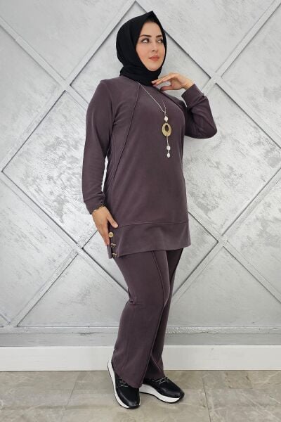 KADIN KOLYE DETAYLI NERVÜR DİKİM TESETTÜR TAKIM KAHVERENGİ - 2 BEDEN