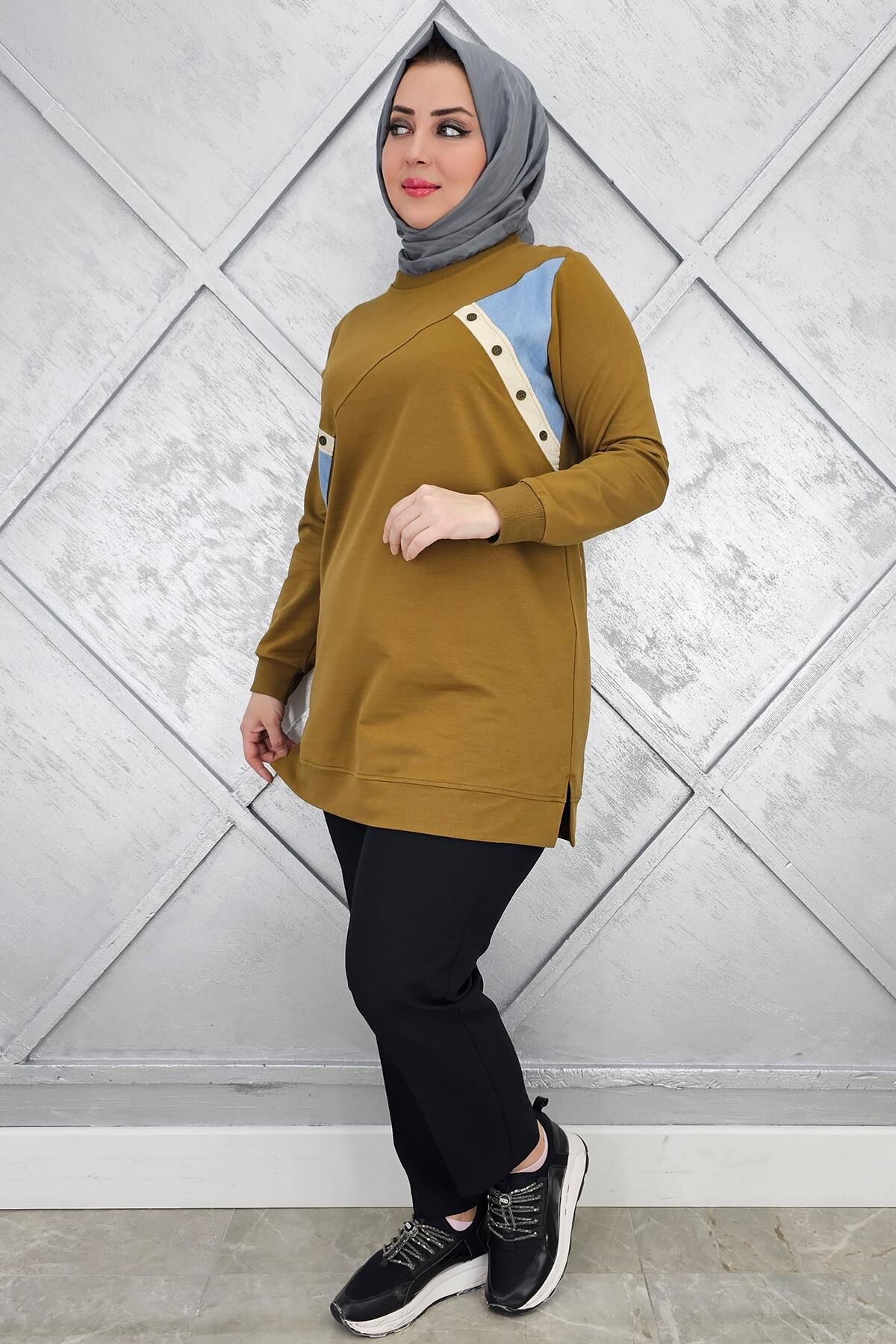 KADIN DÜĞME DETAYLI KOMBİNLİ TESETTÜR TUNİK YAĞ YEŞİLİ - XL