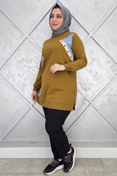 KADIN DÜĞME DETAYLI KOMBİNLİ TESETTÜR TUNİK YAĞ YEŞİLİ - XL