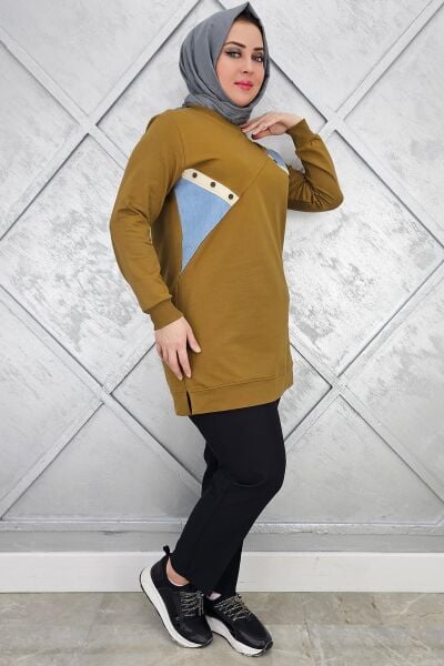 KADIN DÜĞME DETAYLI KOMBİNLİ TESETTÜR TUNİK YAĞ YEŞİLİ - XL