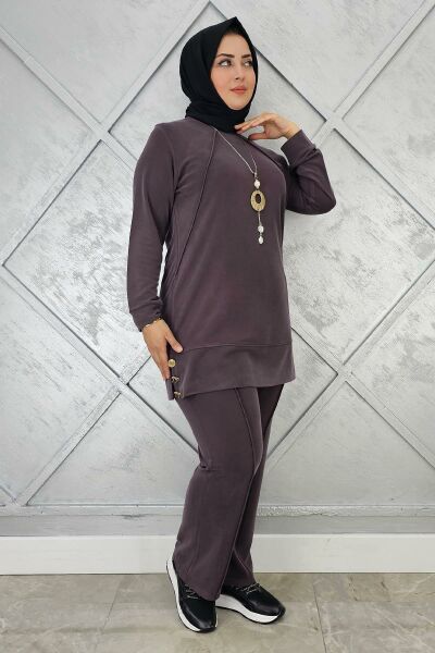 KADIN KOLYE DETAYLI NERVÜR DİKİM TESETTÜR TAKIM KAHVERENGİ - 4 BEDEN