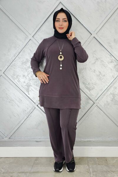 KADIN KOLYE DETAYLI NERVÜR DİKİM TESETTÜR TAKIM KAHVERENGİ - 4 BEDEN