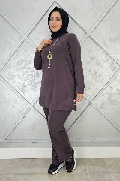 KADIN KOLYE DETAYLI NERVÜR DİKİM TESETTÜR TAKIM KAHVERENGİ - 4 BEDEN