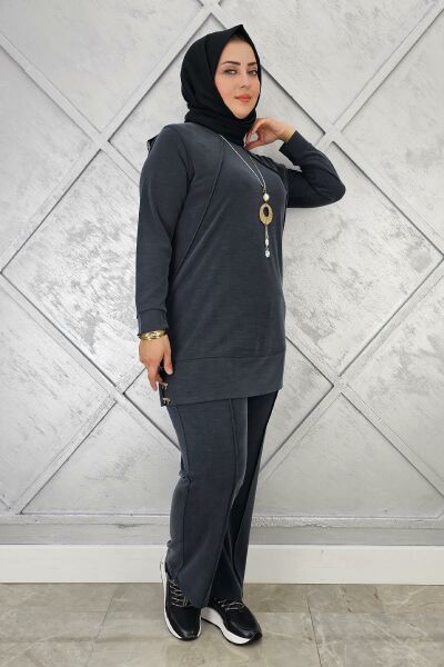 KADIN KOLYE DETAYLI NERVÜR DİKİM TESETTÜR TAKIM SİYAH - 3 BEDEN