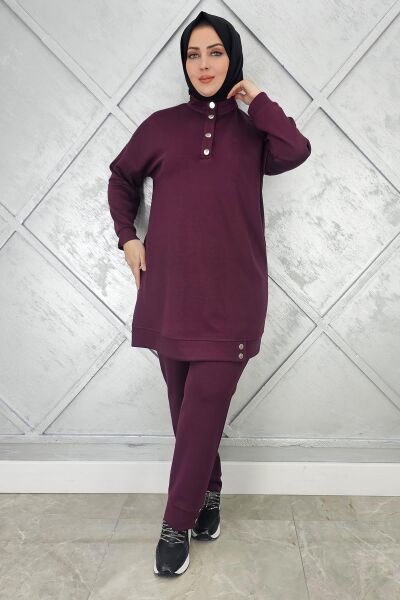 KADIN BOĞAZI ÇIT ÇIT DETAYLI TESETTÜR TAKIM BORDO - 3 BEDEN