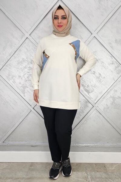 KADIN DÜĞME DETAYLI KOMBİNLİ TESETTÜR TUNİK EKRU - 3XL