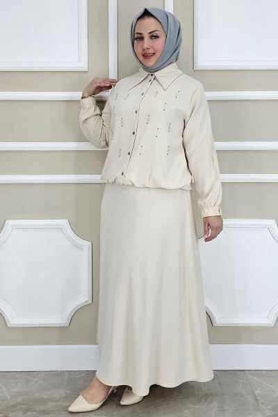 PYS KADIN TAŞ DETAYLI GÖMLEK ETEK TESETTÜR TAKIM TAŞ - 5 BEDEN