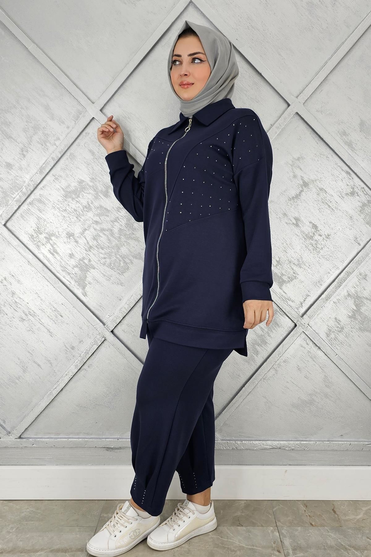 KADIN TAŞ DETAYLI TESETTÜR TAKIM LACİVERT - 3 BEDEN