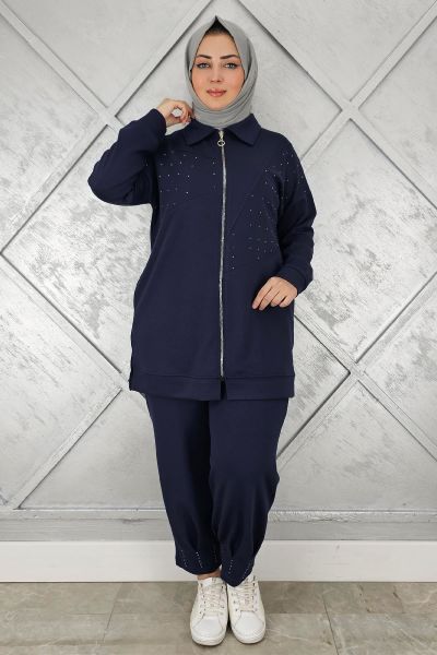 KADIN TAŞ DETAYLI TESETTÜR TAKIM LACİVERT - 3 BEDEN