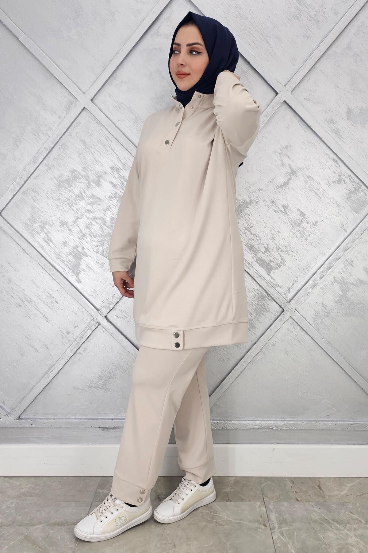 KADIN BOĞAZI ÇIT ÇIT DETAYLI TESETTÜR TAKIM TAŞ - 5 BEDEN