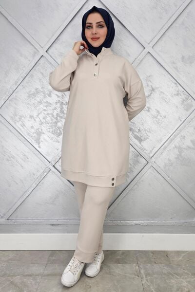 KADIN BOĞAZI ÇIT ÇIT DETAYLI TESETTÜR TAKIM TAŞ - 5 BEDEN