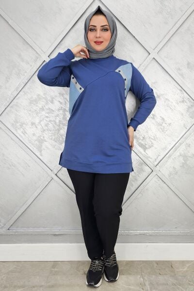 KADIN DÜĞME DETAYLI KOMBİNLİ TESETTÜR TUNİK İNDİGO - 2XL