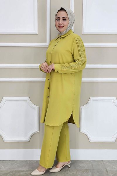 PYS KADIN KOLU TAŞ DETAYLI TESETTÜR TAKIM YAĞ YEŞİLİ - 2 BEDEN
