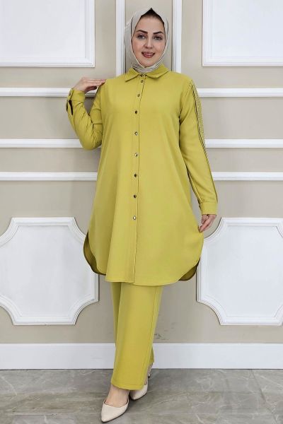 PYS KADIN KOLU TAŞ DETAYLI TESETTÜR TAKIM YAĞ YEŞİLİ - 2 BEDEN