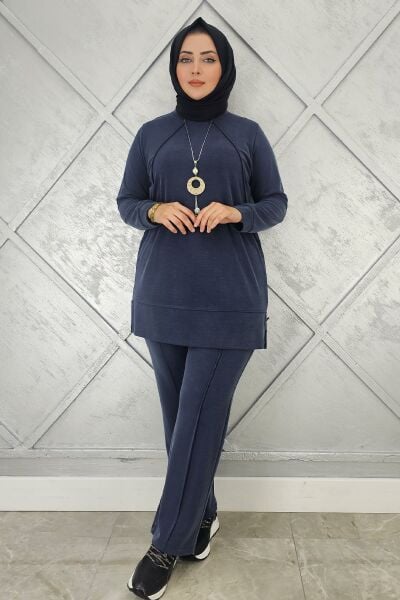 KADIN KOLYE DETAYLI NERVÜR DİKİM TESETTÜR TAKIM LACİVERT - 2 BEDEN