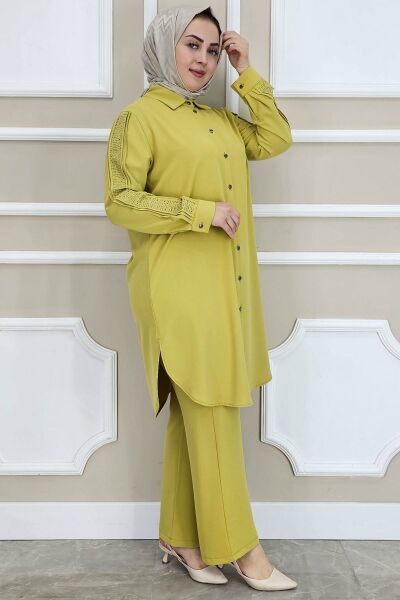 PYS KADIN KOLU TAŞ DETAYLI TESETTÜR TAKIM YAĞ YEŞİLİ - 3 BEDEN