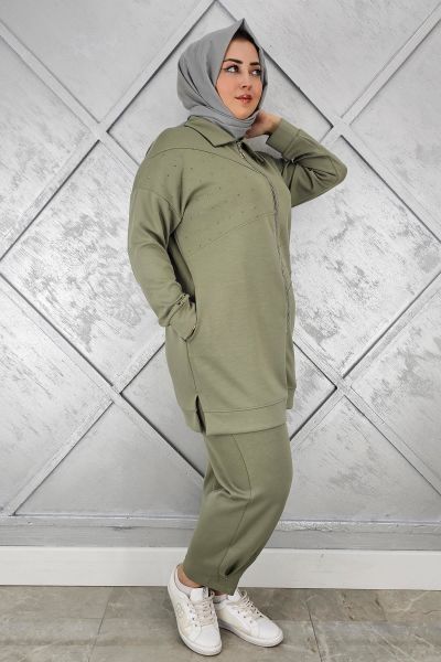 KADIN TAŞ DETAYLI TESETTÜR TAKIM HAKİ - 5 BEDEN