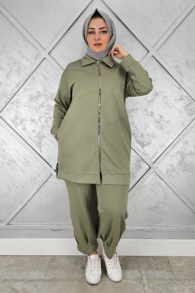 KADIN TAŞ DETAYLI TESETTÜR TAKIM HAKİ - 5 BEDEN