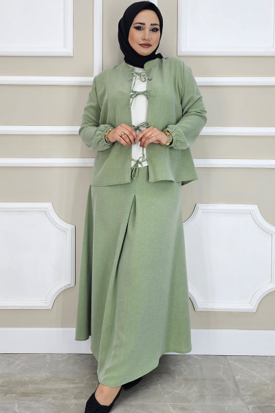 PYS KADIN ÖNÜ BAĞCIKLI TESETTÜR 3 LÜ TAKIM HAKİ - 2 BEDEN