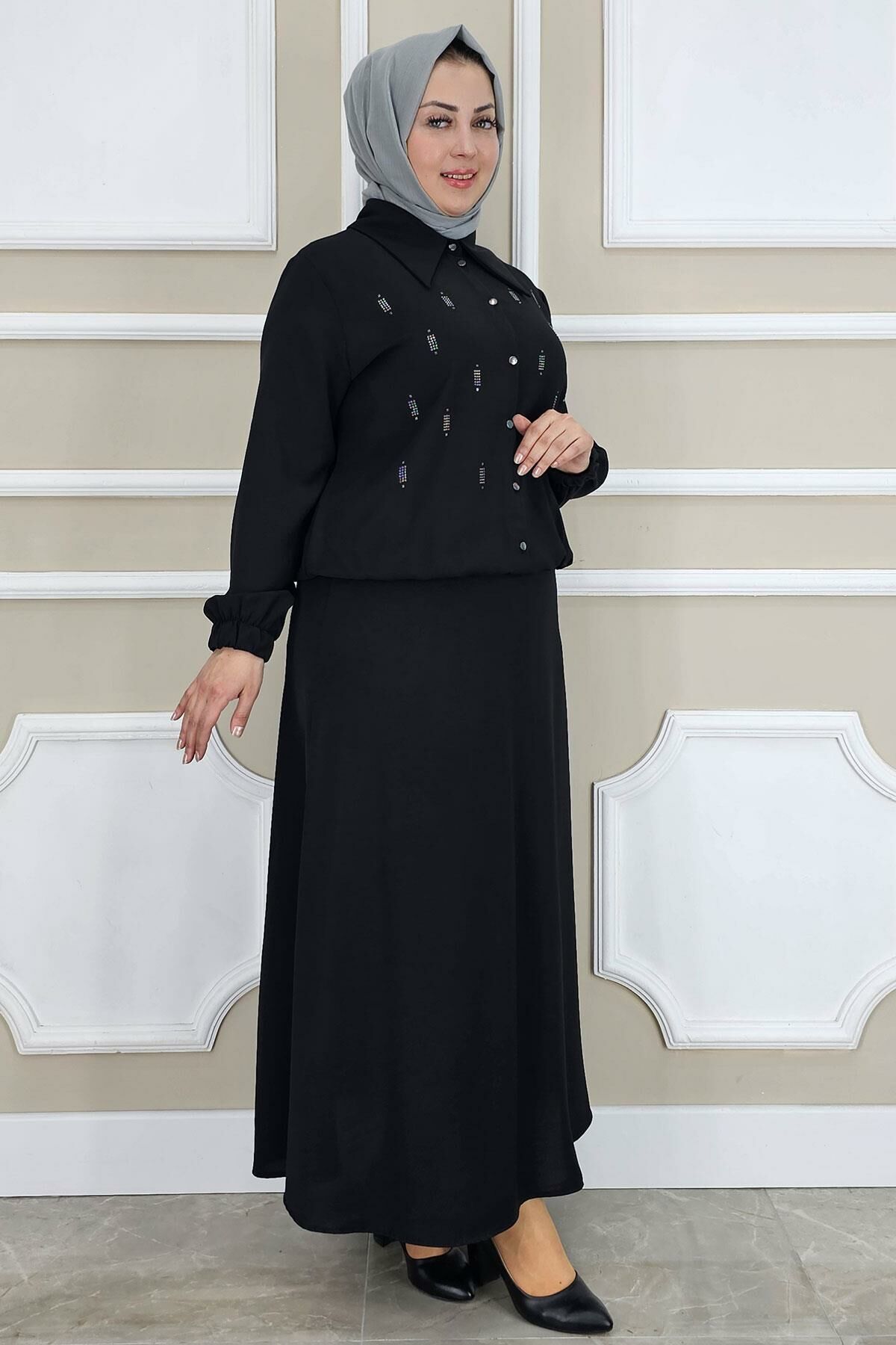 PYS KADIN TAŞ DETAYLI GÖMLEK ETEK TESETTÜR TAKIM SİYAH - 2 BEDEN
