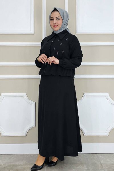 PYS KADIN TAŞ DETAYLI GÖMLEK ETEK TESETTÜR TAKIM SİYAH - 2 BEDEN