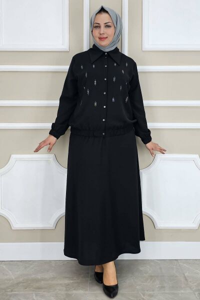 PYS KADIN TAŞ DETAYLI GÖMLEK ETEK TESETTÜR TAKIM SİYAH - 2 BEDEN