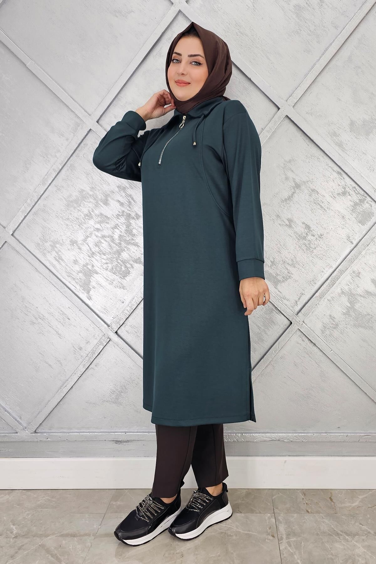 KADIN FERMUARLI BAĞCIKLI TESETTÜR TUNİK PETROL YEŞİLİ - 4 BEDEN