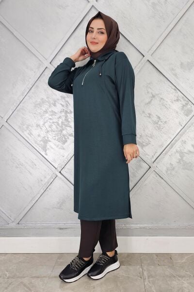 KADIN FERMUARLI BAĞCIKLI TESETTÜR TUNİK PETROL YEŞİLİ - 4 BEDEN