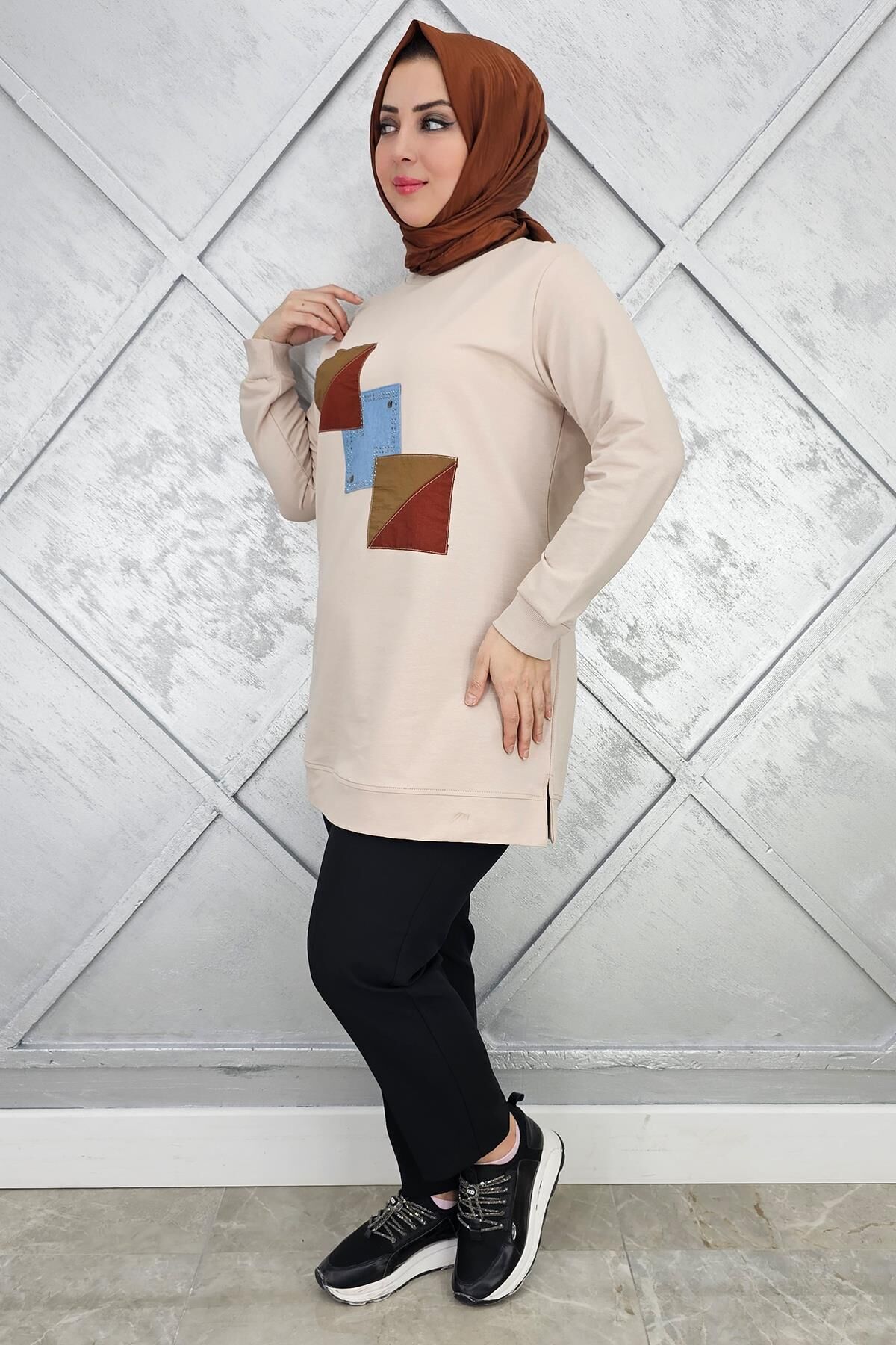 KADIN KOMBİNLİ TAŞ DETAYLI TESETTÜR TUNİK BEJ - 2XL
