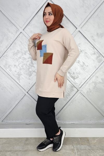 KADIN KOMBİNLİ TAŞ DETAYLI TESETTÜR TUNİK BEJ - 2XL