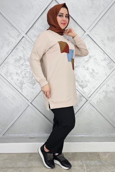KADIN KOMBİNLİ TAŞ DETAYLI TESETTÜR TUNİK BEJ - 2XL