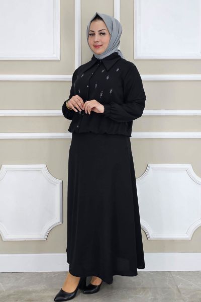 PYS KADIN TAŞ DETAYLI GÖMLEK ETEK TESETTÜR TAKIM SİYAH - 3 BEDEN