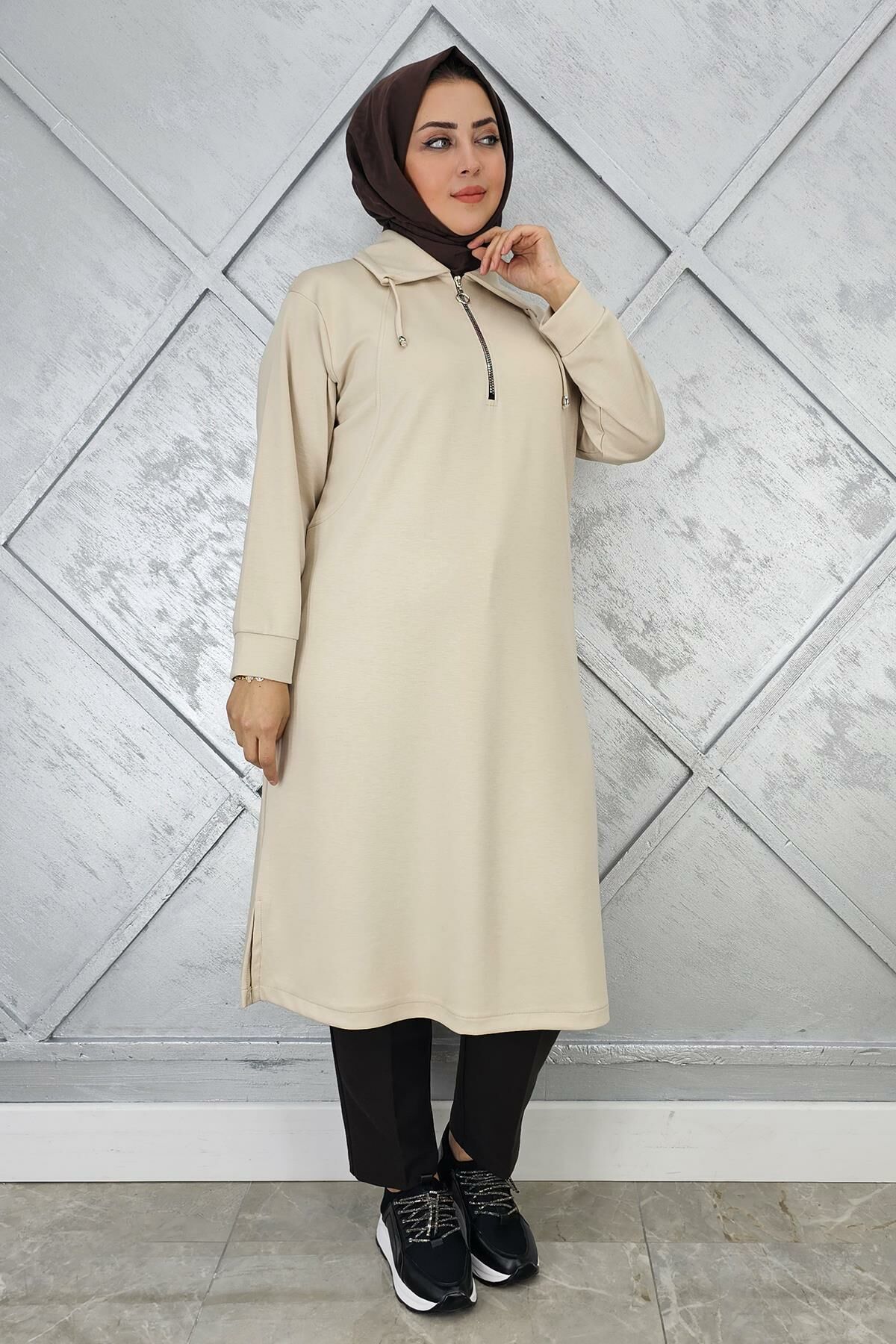 KADIN FERMUARLI BAĞCIKLI TESETTÜR TUNİK BEJ - 5 BEDEN