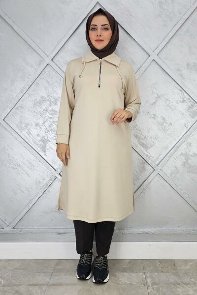 KADIN FERMUARLI BAĞCIKLI TESETTÜR TUNİK BEJ - 5 BEDEN