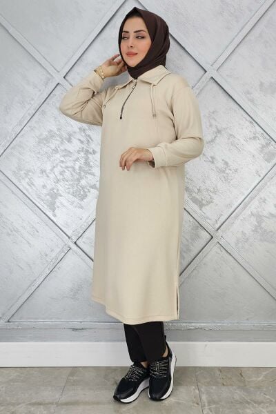 KADIN FERMUARLI BAĞCIKLI TESETTÜR TUNİK BEJ - 5 BEDEN