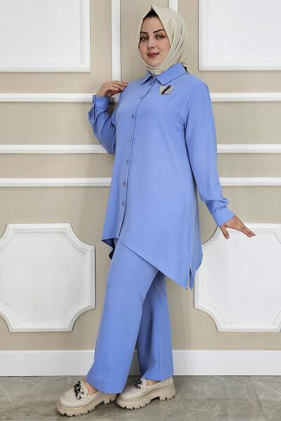KADIN BROŞ DETAYLI TESETTÜR TAKIM MAVİ - 2 BEDEN
