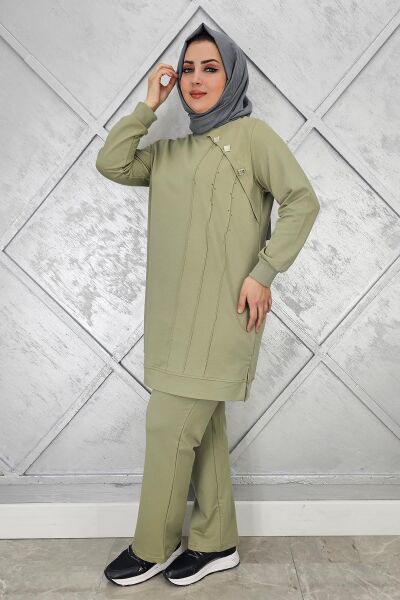 KADIN DÜĞME VE TAŞ DETAYLI TESETTÜR TAKIM MİNT YEŞİLİ - L