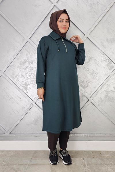 KADIN FERMUARLI BAĞCIKLI TESETTÜR TUNİK PETROL YEŞİLİ - 2 BEDEN