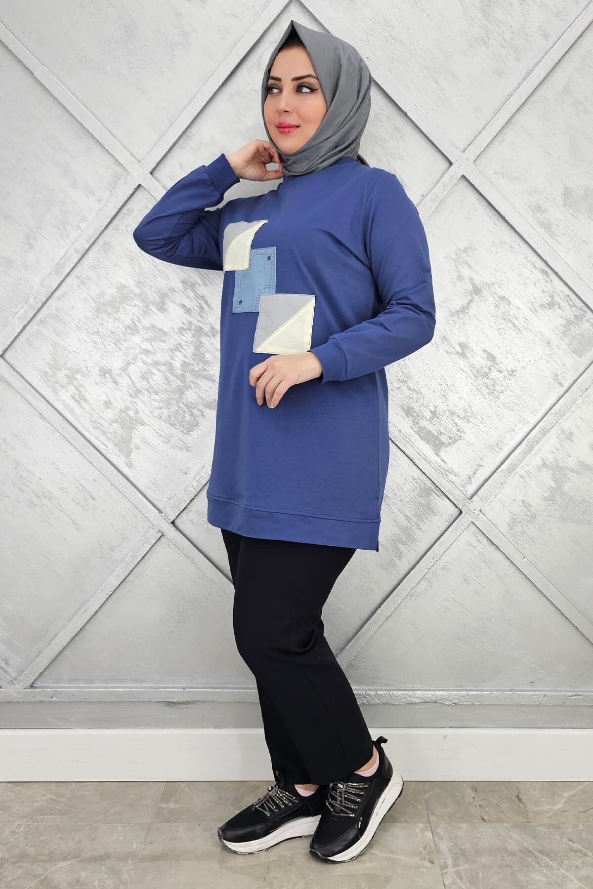 KADIN KOMBİNLİ TAŞ DETAYLI TESETTÜR TUNİK İNDİGO - 2XL