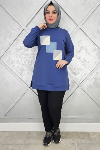 KADIN KOMBİNLİ TAŞ DETAYLI TESETTÜR TUNİK İNDİGO - 2XL