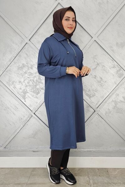 KADIN FERMUARLI BAĞCIKLI TESETTÜR TUNİK İNDİGO - 3 BEDEN