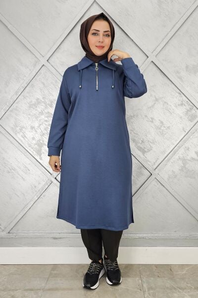 KADIN FERMUARLI BAĞCIKLI TESETTÜR TUNİK İNDİGO - 3 BEDEN