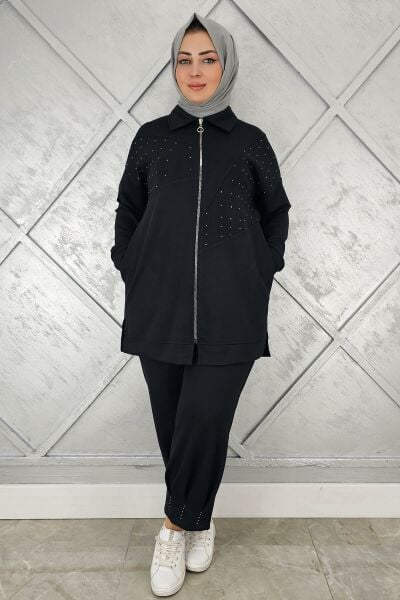 KADIN TAŞ DETAYLI TESETTÜR TAKIM SİYAH - 5 BEDEN