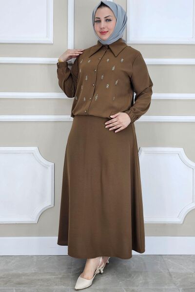 PYS KADIN TAŞ DETAYLI GÖMLEK ETEK TESETTÜR TAKIM KAHVERENGİ - 4 BEDEN