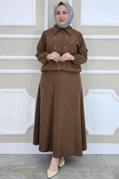 PYS KADIN TAŞ DETAYLI GÖMLEK ETEK TESETTÜR TAKIM KAHVERENGİ - 4 BEDEN
