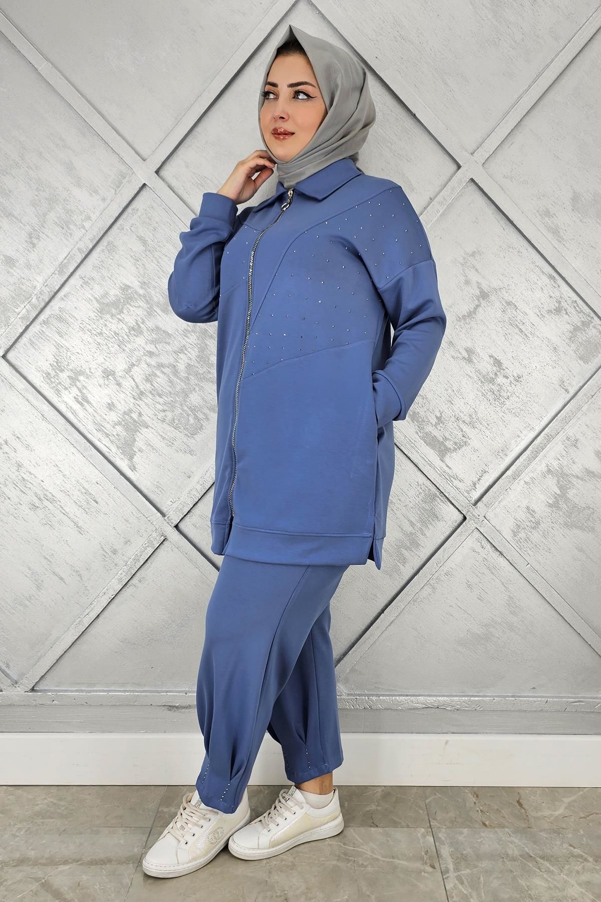 KADIN TAŞ DETAYLI TESETTÜR TAKIM İNDİGO - 3 BEDEN
