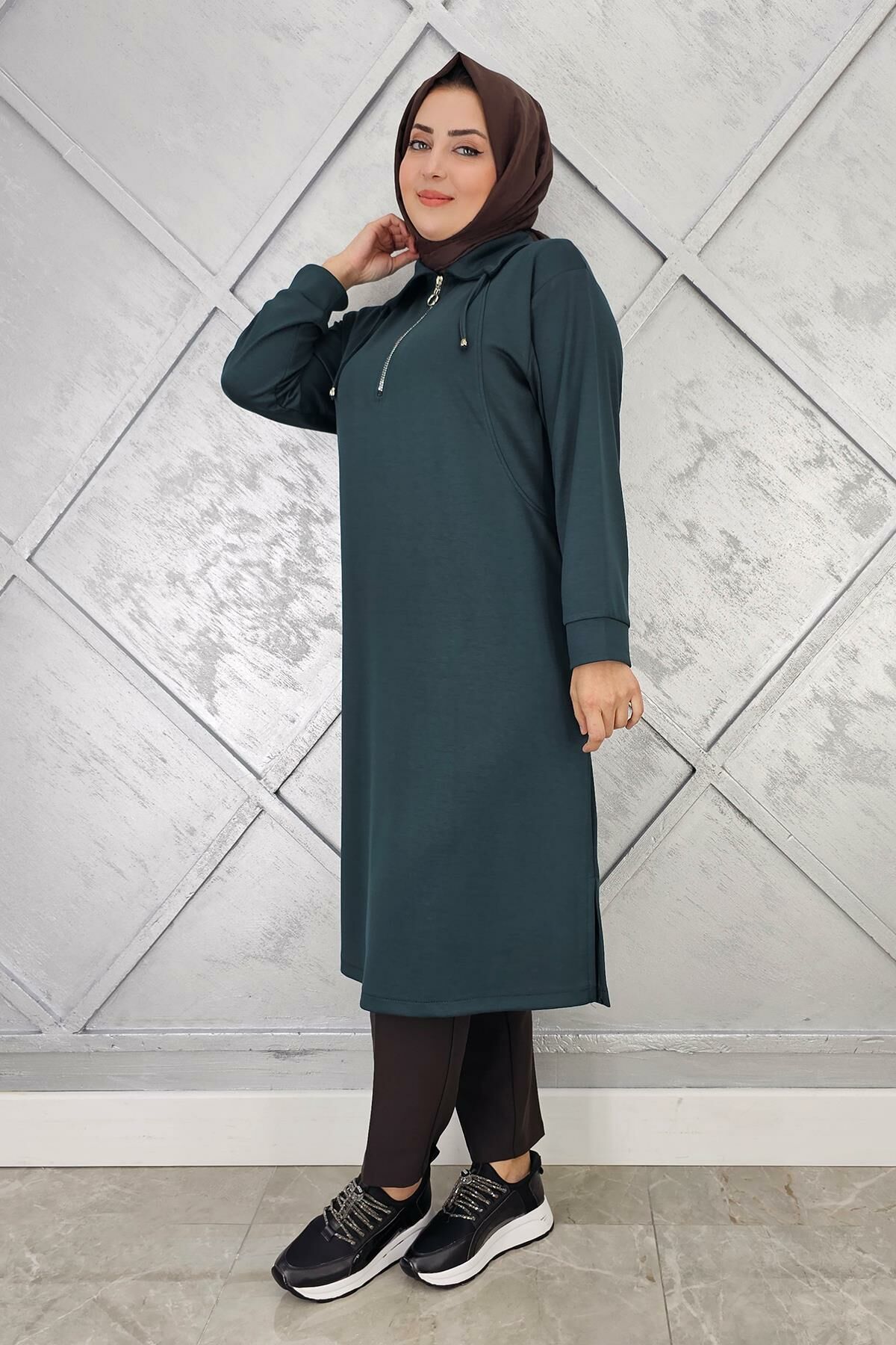 KADIN FERMUARLI BAĞCIKLI TESETTÜR TUNİK PETROL YEŞİLİ - 5 BEDEN