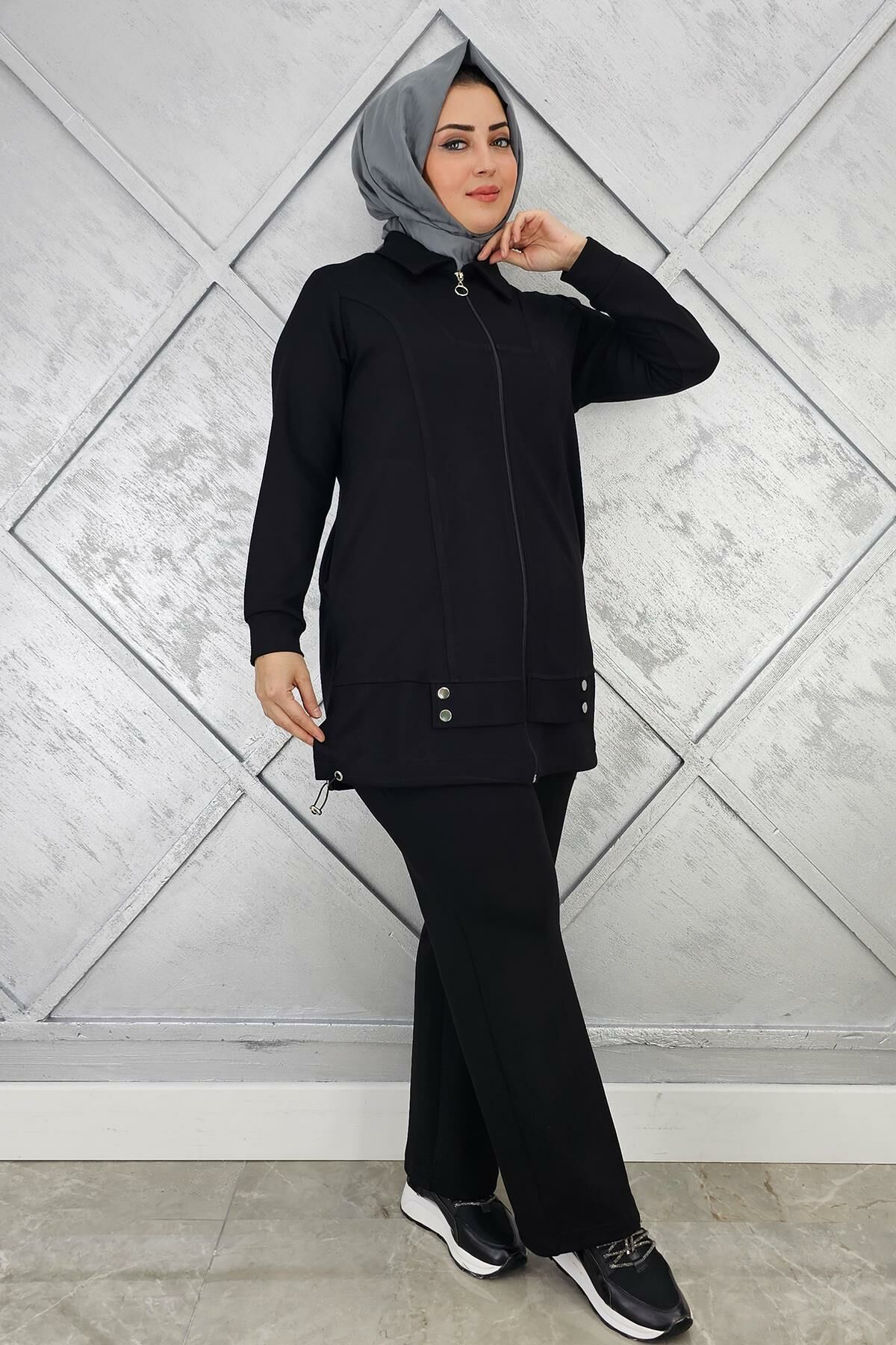 KADIN FERMUARLI ÇIT ÇITLI TESETTÜR TAKIM SİYAH - 5 BEDEN