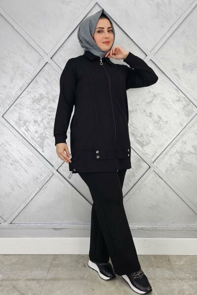 KADIN FERMUARLI ÇIT ÇITLI TESETTÜR TAKIM SİYAH - 5 BEDEN